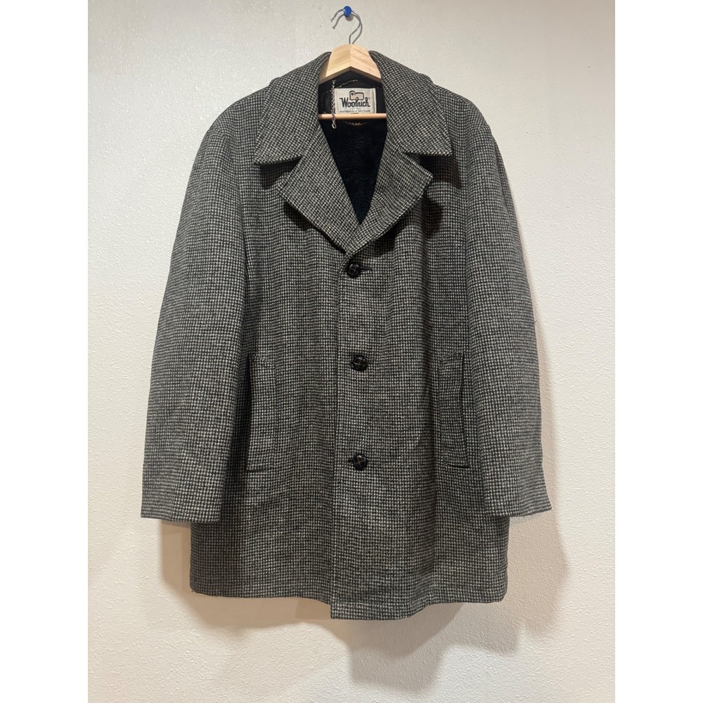 Vintage Woolrich Wool Houndstooth Coat 3 Button Heritage 1960s Grey Black XL 44